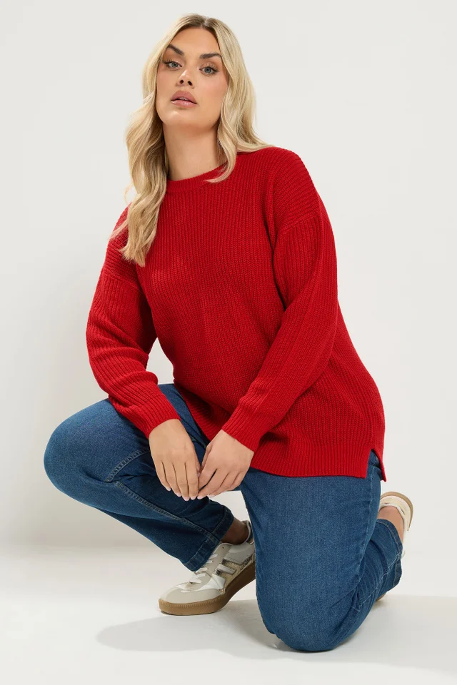 Yours Curve Red Crew Neck Knitted Jumper