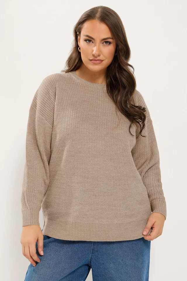 Yours Curve Natural Brown Crew Neck Knitted Jumper