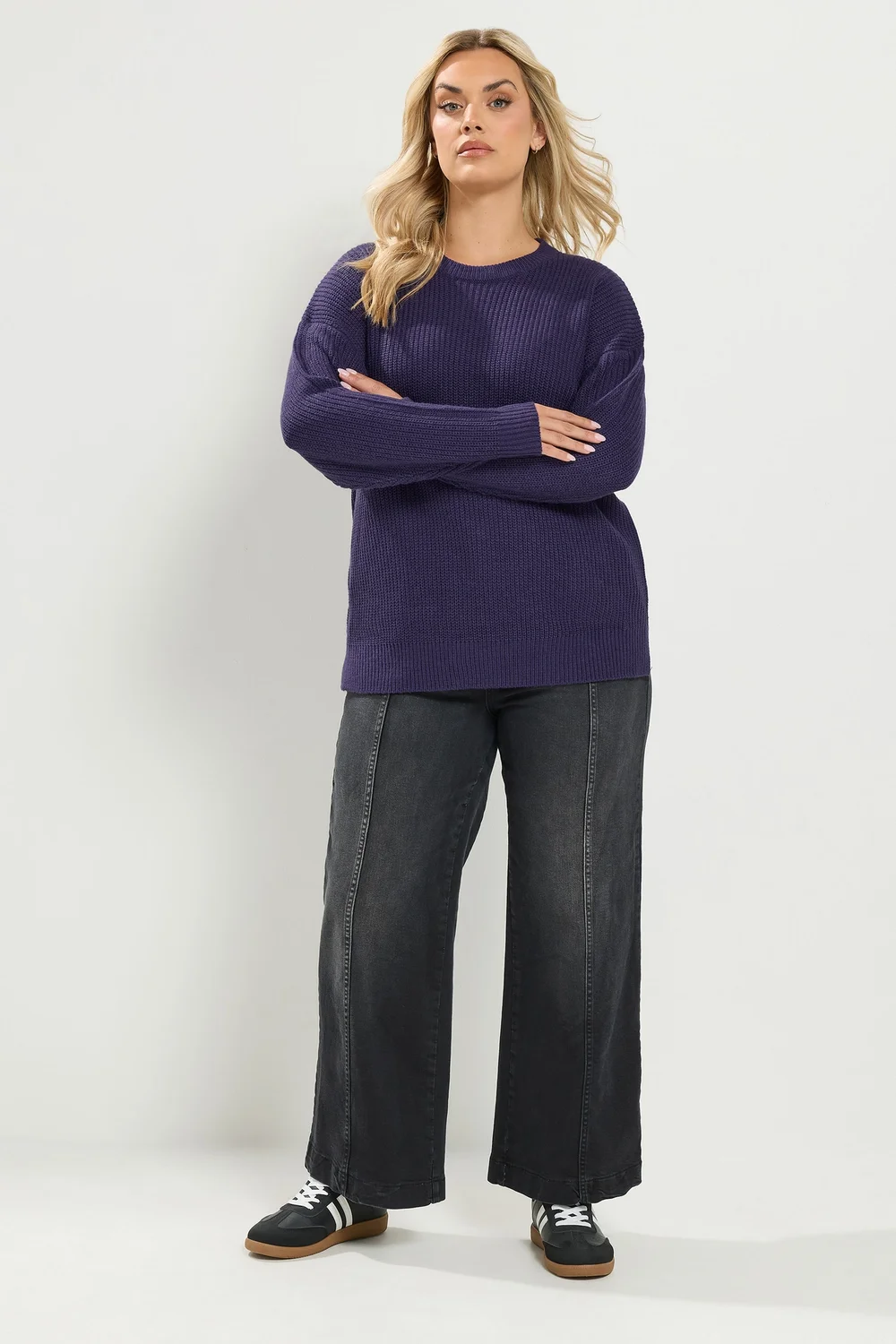 Yours Curve Purple Crew-Neck Knitted Jumper - 14-16 Image 3