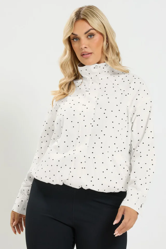 Yours Curve White Polka Dot Funnel Neck Bomber Jacket