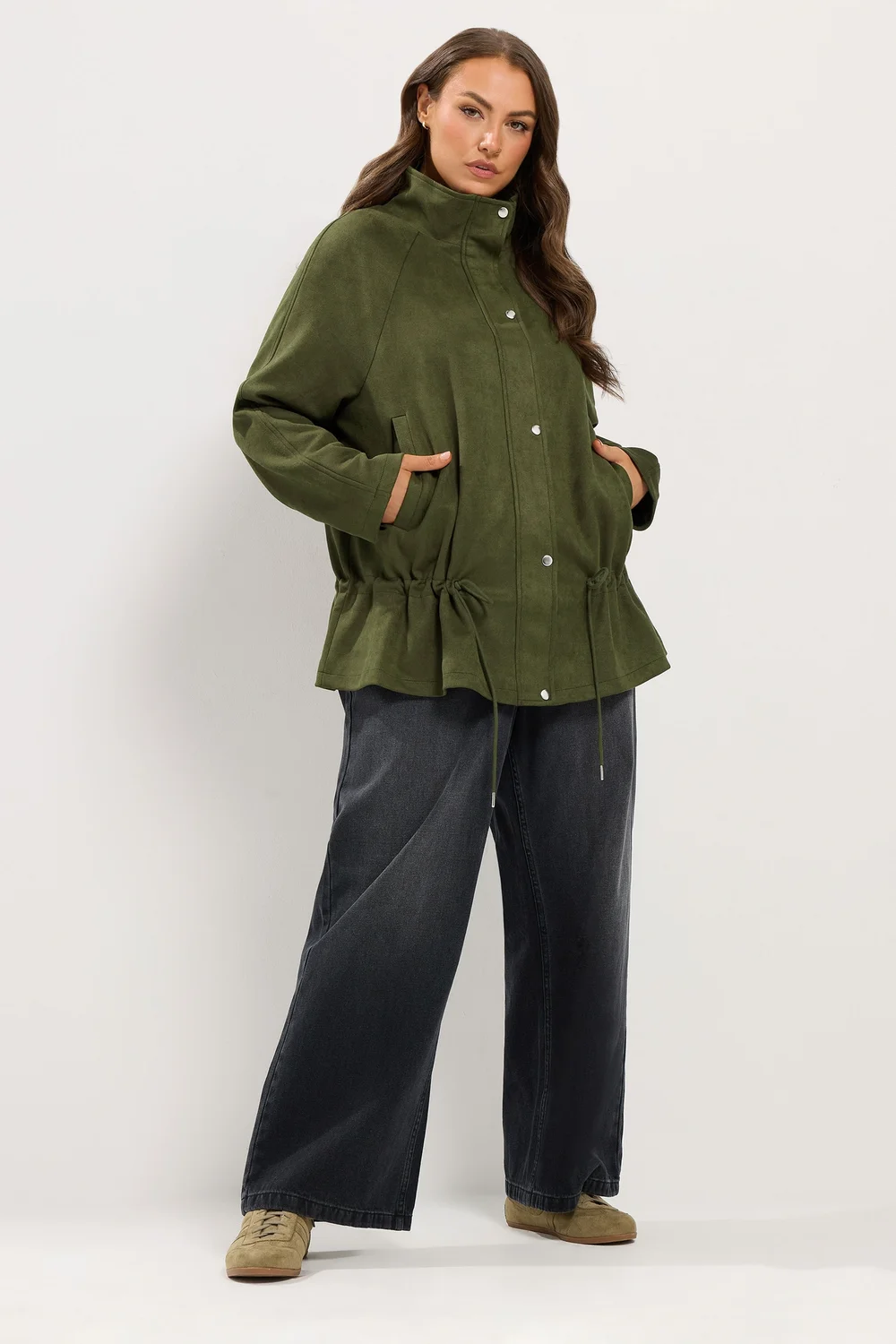Yours Curve Khaki Green Suedette Draw Cord Jacket - 12 Image 2