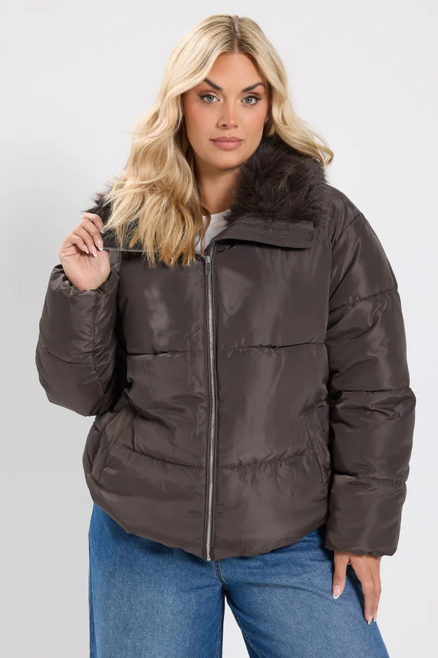 Yours Curve Chocolate Brown Funnel Neck Padded Coat