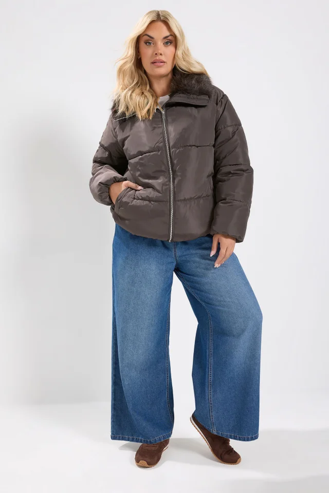 Yours Curve Chocolate Brown Funnel Neck Padded Coat