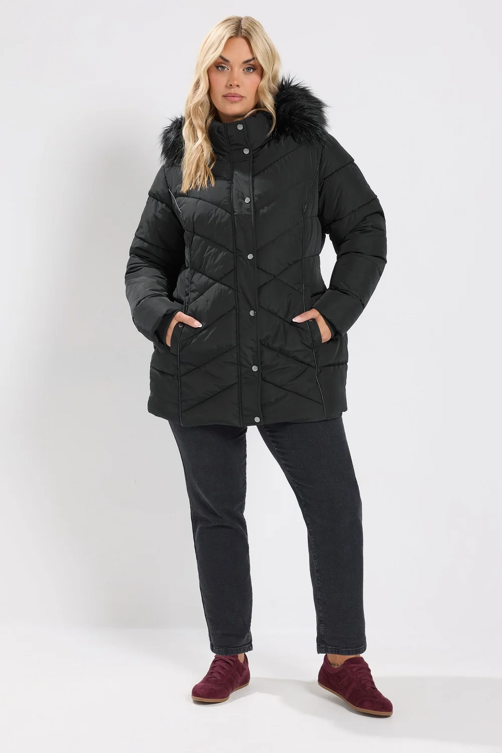 Yours Curve Black Short Padded Coat - 26-28 Image 2