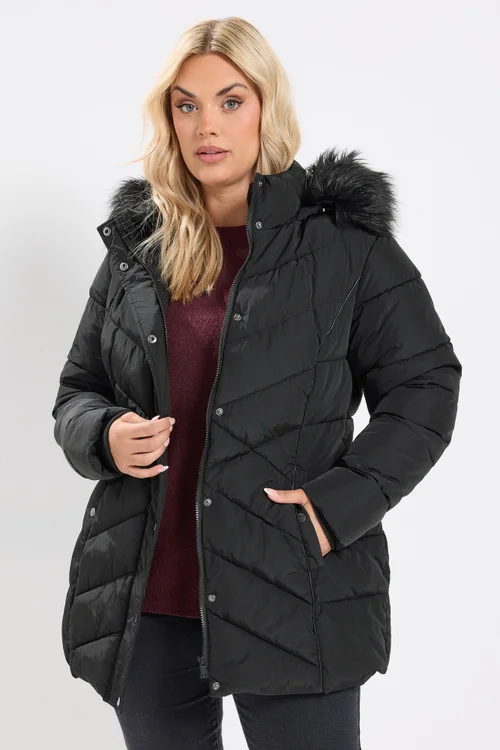Yours Curve Black Short Padded Coat - 26-28 Image 1