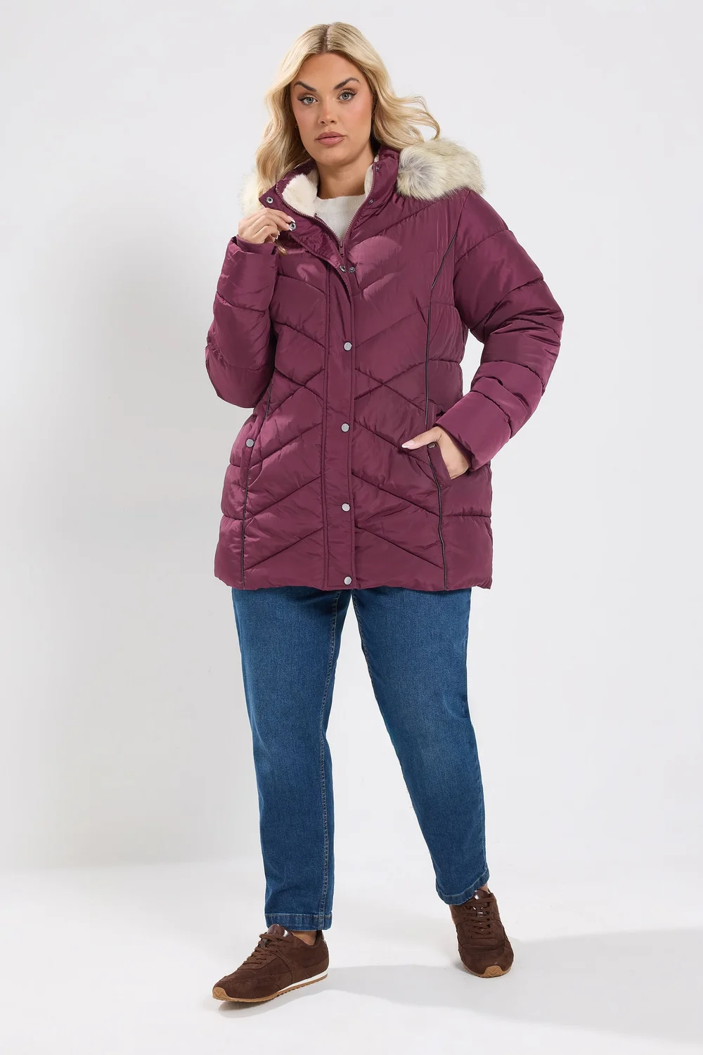 Yours Curve Burgundy Red Short Padded Coat - 34-36 Image 2