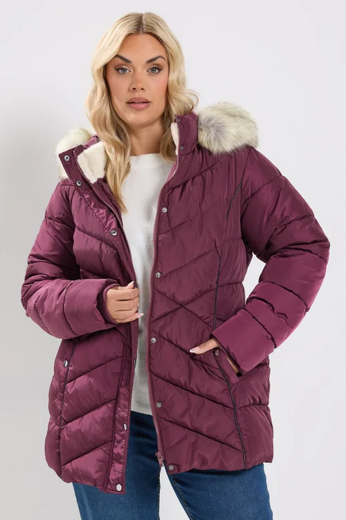 Yours Curve Burgundy Red Short Padded Coat - 34-36 Image 1
