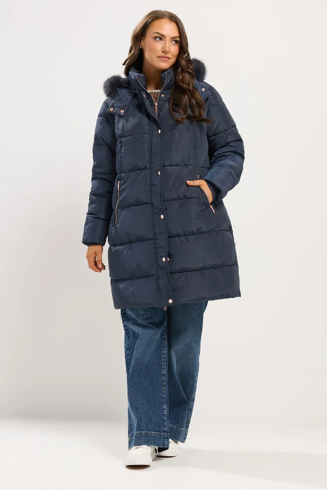 Yours Curve Blue Midi Puffer Coat