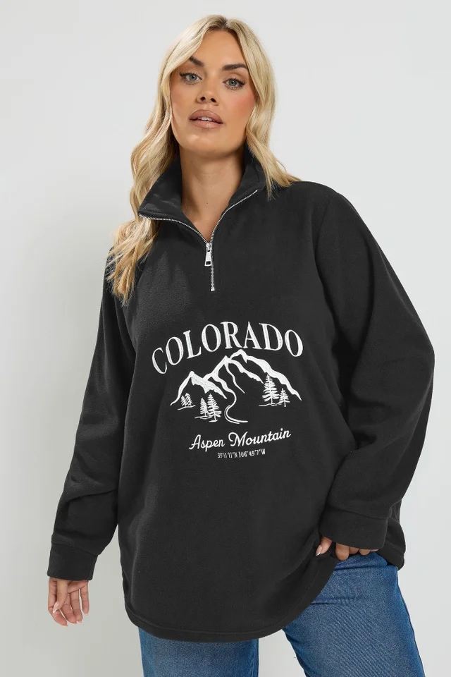 Yours Curve Black 'Colorado' Quarter Zip Fleece