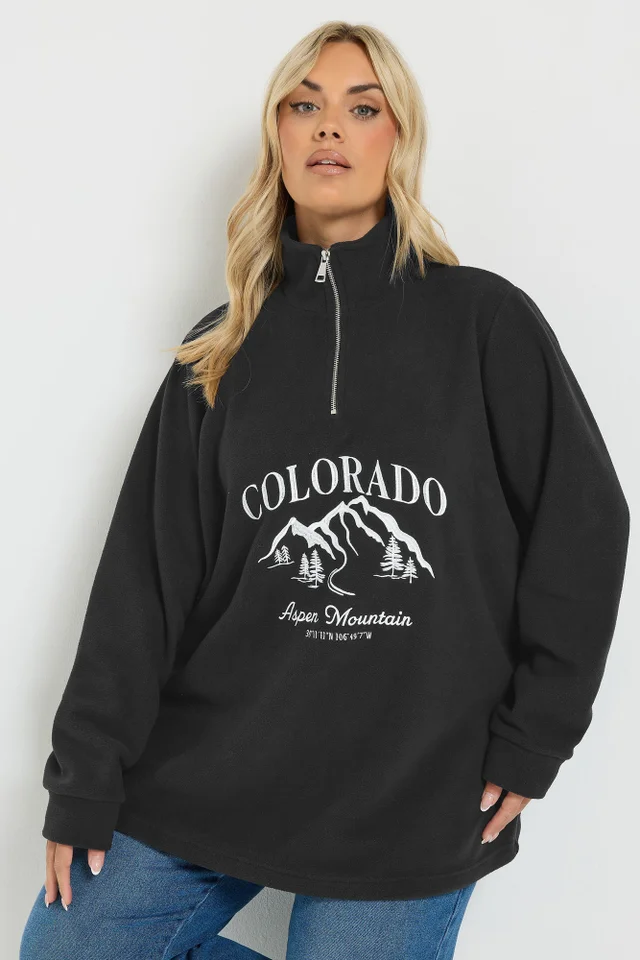 Yours Curve Black 'Colorado' Quarter Zip Fleece