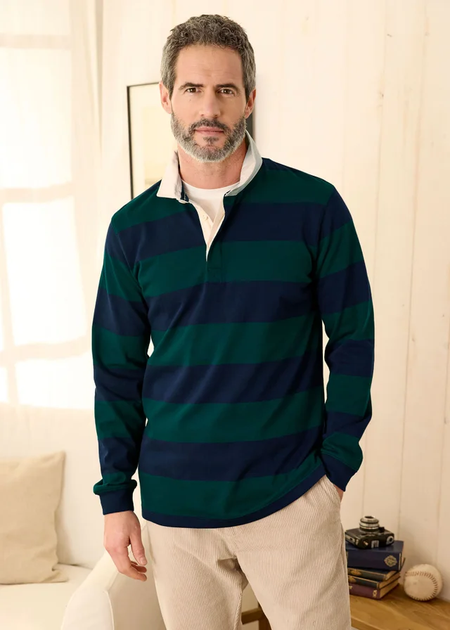 Cotton Traders Dark Teal Heritage Hooped Rugby Shirt