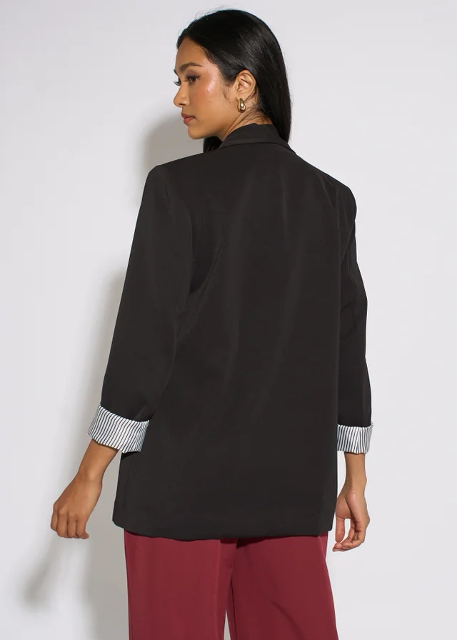 Gini London Black Contrast Sleeve Edge To Edge Blazer