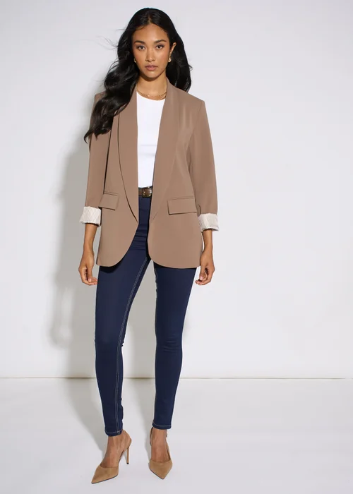 Gini London Mocha Contrast Sleeve Edge To Edge Blazer - 12 Image 1