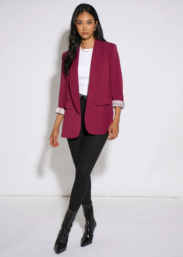 Gini London Mulberry Contrast Sleeve Edge To Edge Blazer