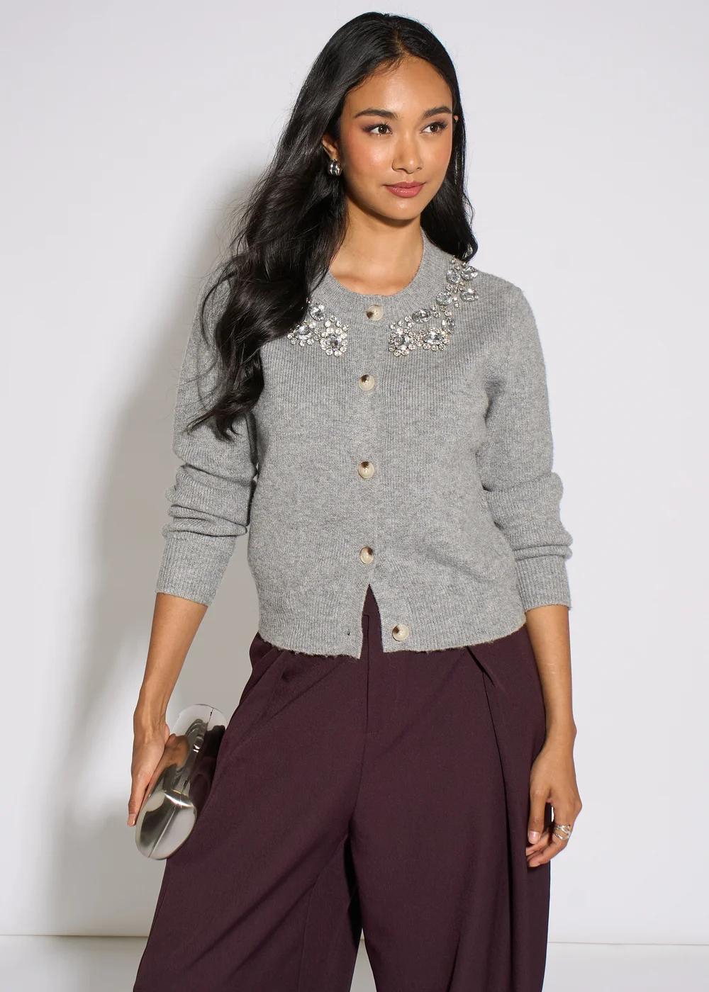 Gini London Grey Marl Diamante Embedded Knit Cardigan - L/XL Image 1