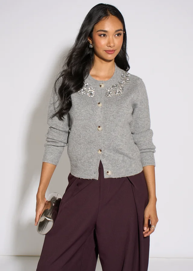 Gini London Grey Marl Diamante Embedded Knit Cardigan
