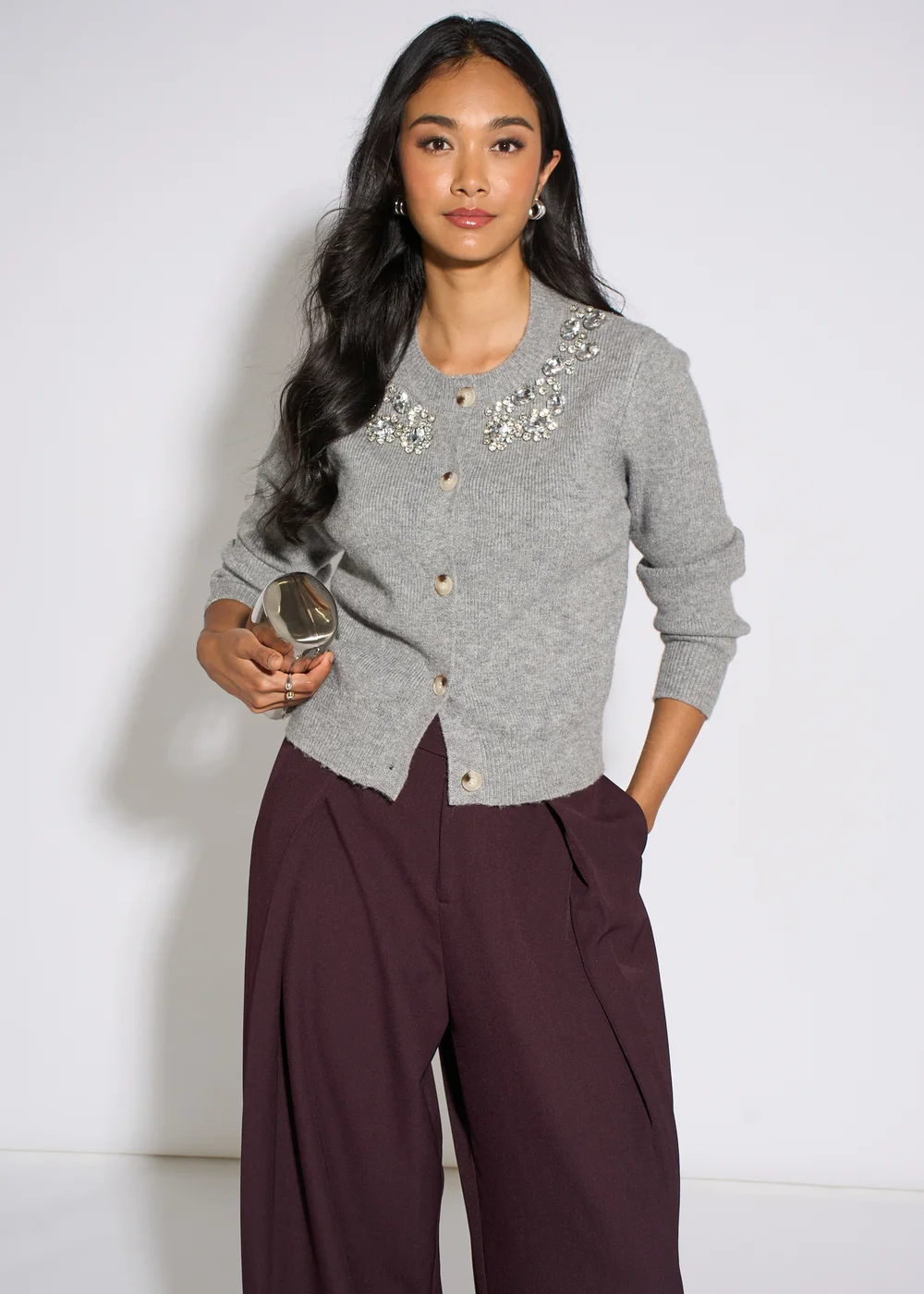Gini London Grey Marl Diamante Embedded Knit Cardigan - L/XL Image 3