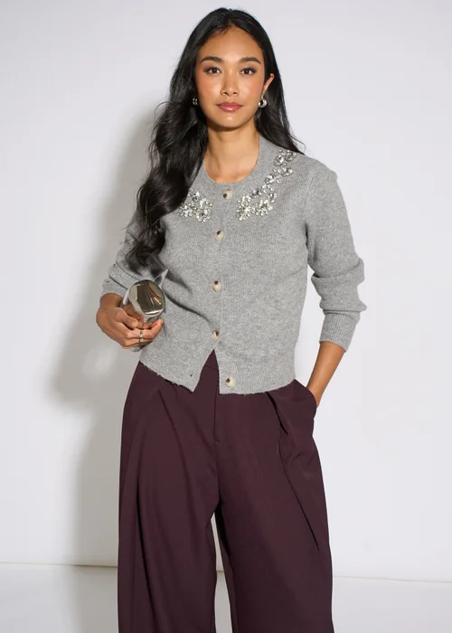 Gini London Grey Marl Diamante Embedded Knit Cardigan - L/XL Image 3