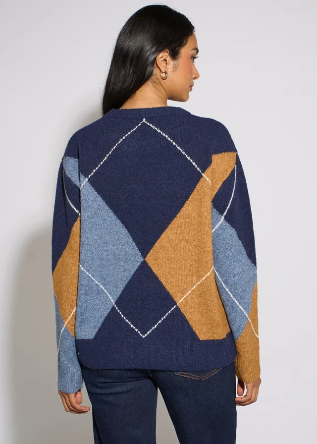 Gini London Navy Argyle Long Sleeves Jumper