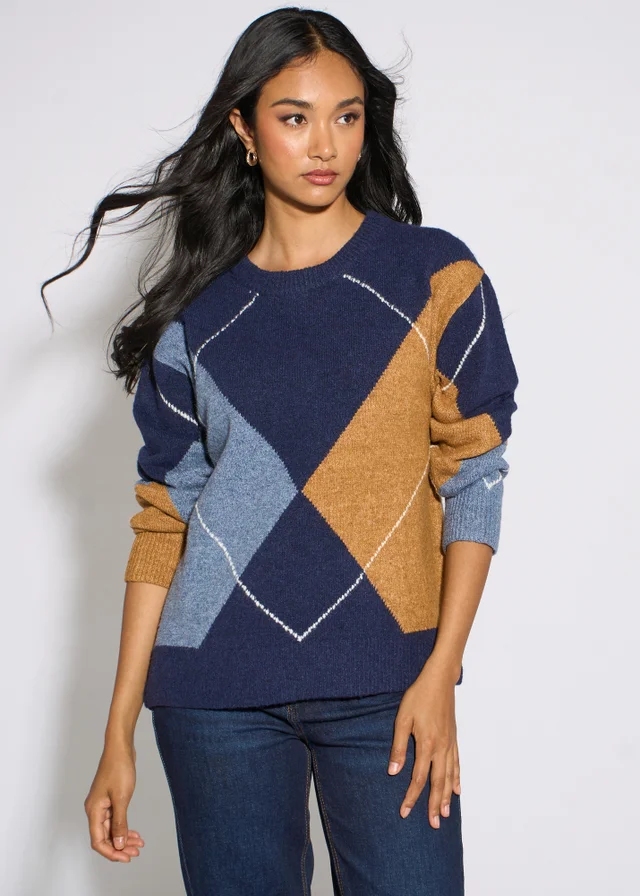 Gini London Navy Argyle Long Sleeves Jumper