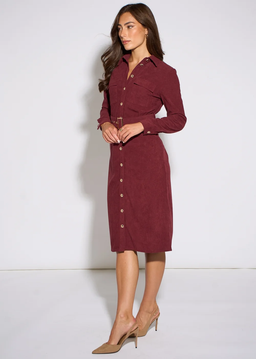Gini London Mulberry Cord Belted Longline Shirt Dress - 8 Image 4