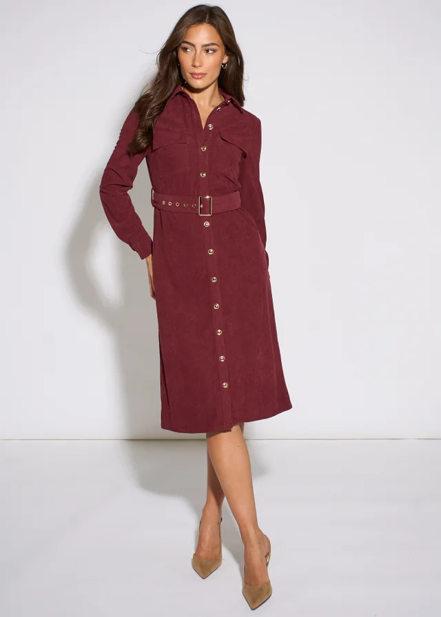 Gini London Mulberry Cord Belted Longline Shirt Dress