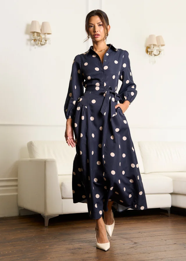Gini London Navy Spot Jacquard Fit And Flare Dress