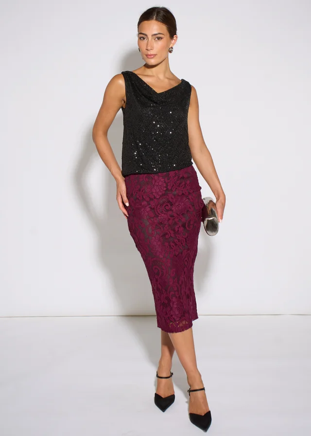 Gini London Plum Corded Lace Pencil Midi Skirt