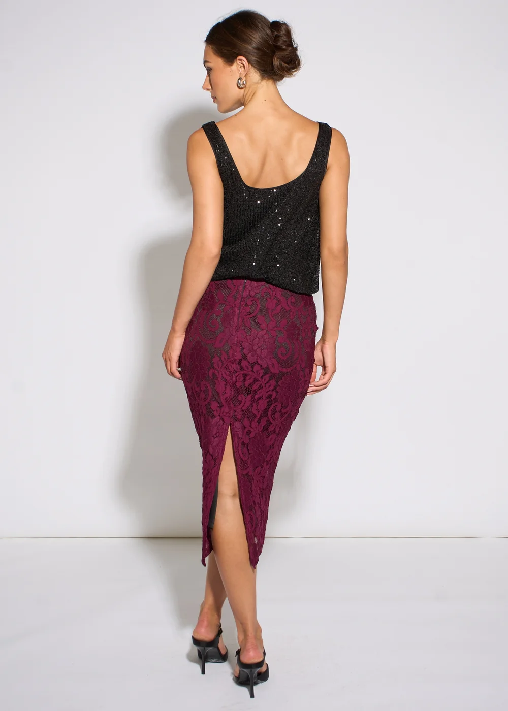Gini London Plum Corded Lace Pencil Midi Skirt - 10 Image 2
