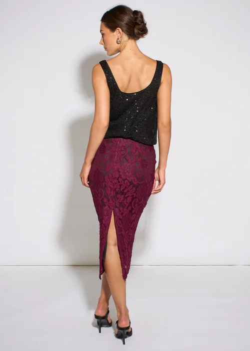 Gini London Plum Corded Lace Pencil Midi Skirt - 10 Image 2