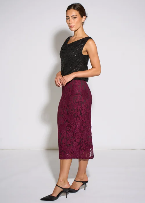 Gini London Plum Corded Lace Pencil Midi Skirt - 10 Image 4