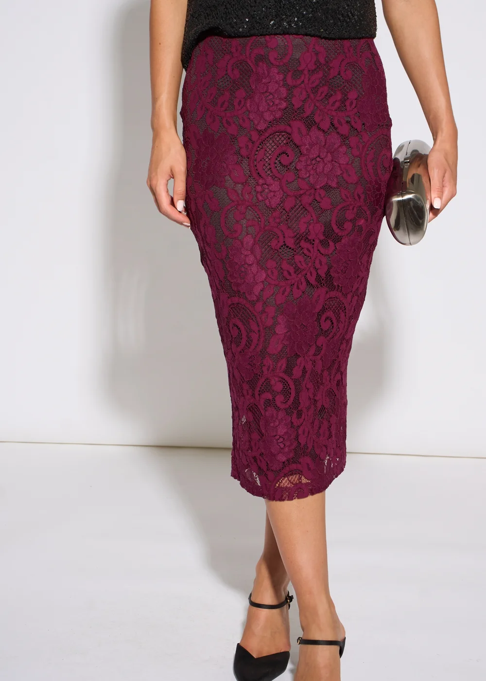 Gini London Plum Corded Lace Pencil Midi Skirt - 10 Image 3