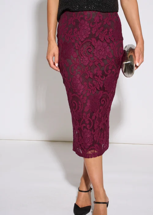 Gini London Plum Corded Lace Pencil Midi Skirt - 10 Image 3
