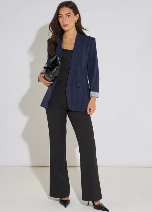 Gini London Navy Contrast Sleeve Edge To Edge Blazer - 16 Image 1