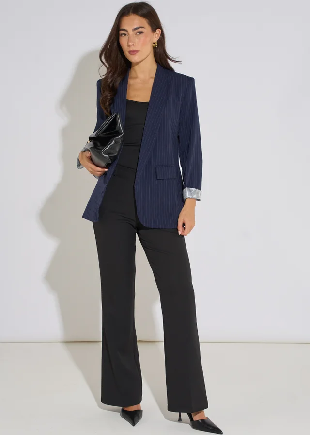 Gini London Navy Contrast Sleeve Edge To Edge Blazer
