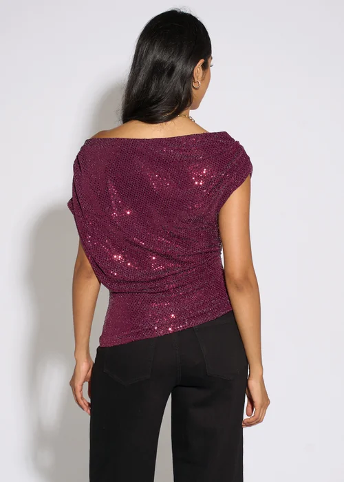 Gini London Mulberry Off Shoulder Sparkle Contrast Lace Hem Top - 10 Image 2