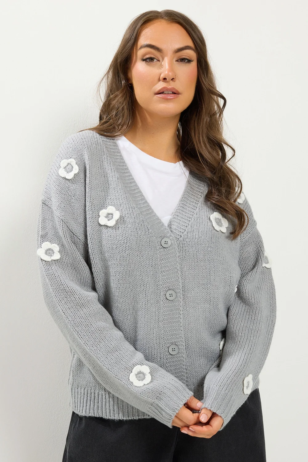 Yours Curve Grey Applique Flower Cardigan - 10-12 Image 1