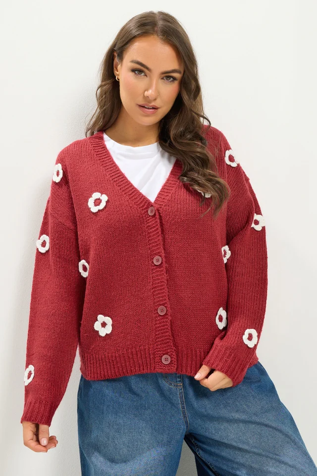 Yours Curve Red Applique Flower Cardigan