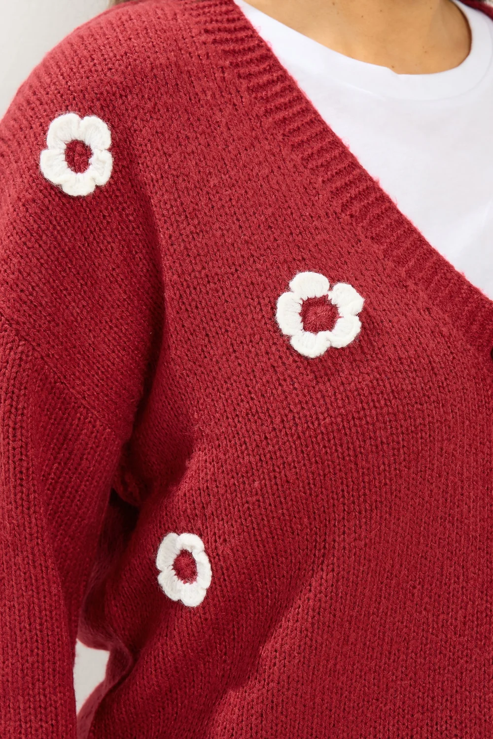 Yours Curve Red Applique Flower Cardigan - 10-12 Image 4
