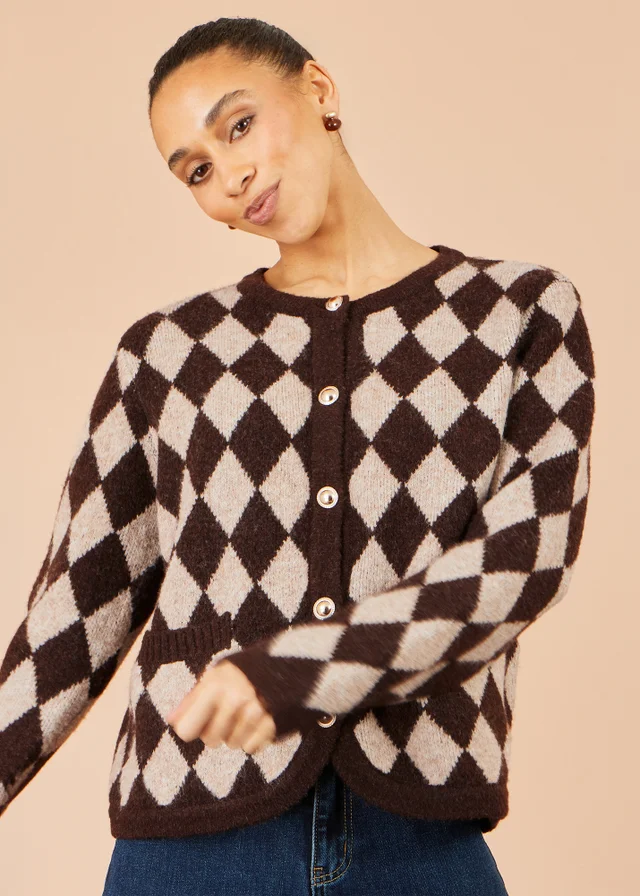 Yumi Brown Argyll Knit Cardigan