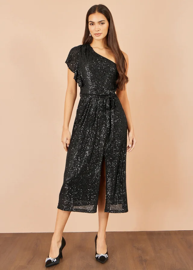 Yumi Black Sequin One Shoulder Midi Dress