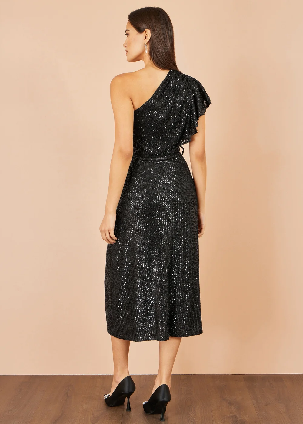 Yumi Black Sequin One Shoulder Midi Dress - 8 Image 3