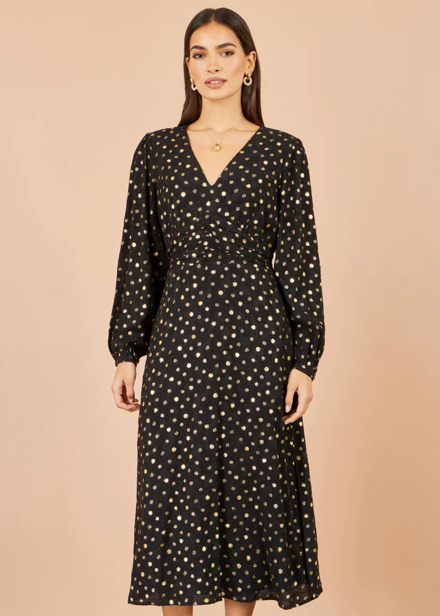 Yumi Black Foil Print Midi Dress