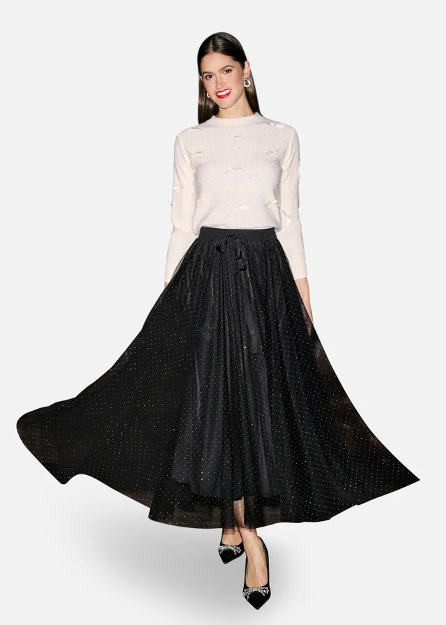 Yumi Black Diamonte Tulle Midi Skirt