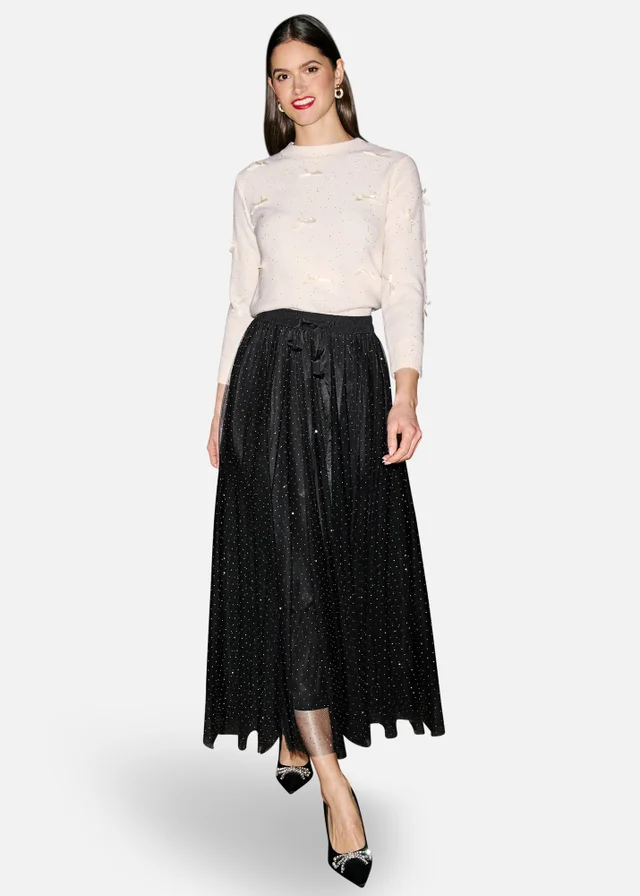 Yumi Black Diamonte Tulle Midi Skirt