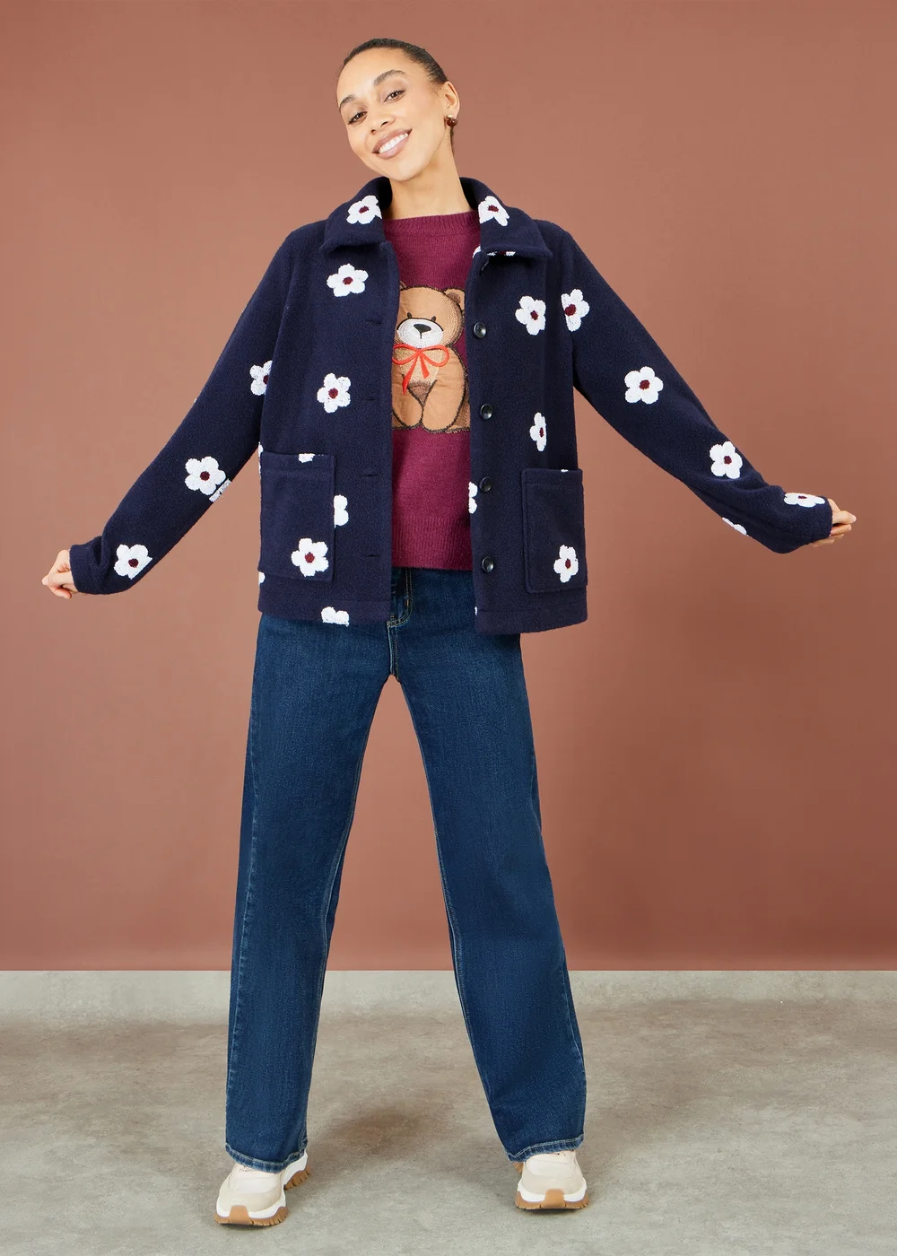 Yumi Navy Embroiderd Daisy Fleece Jacket - 10 Image 3