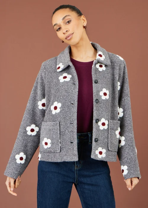 Yumi Grey Embroiderd Daisy Fleece Jacket - 10 Image 1