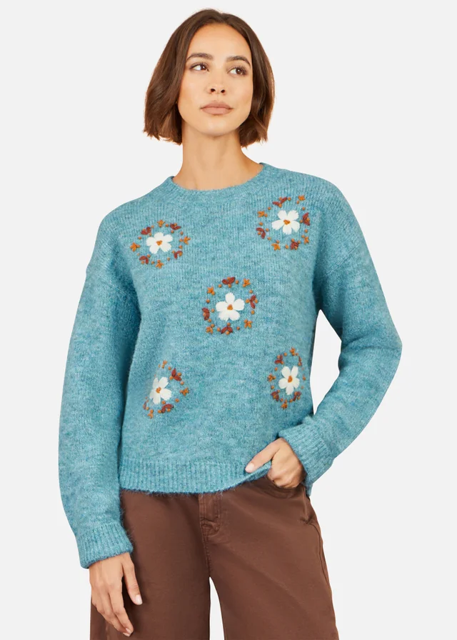 Yumi Blue Patch Floral Embroidered Relaxed Jumper