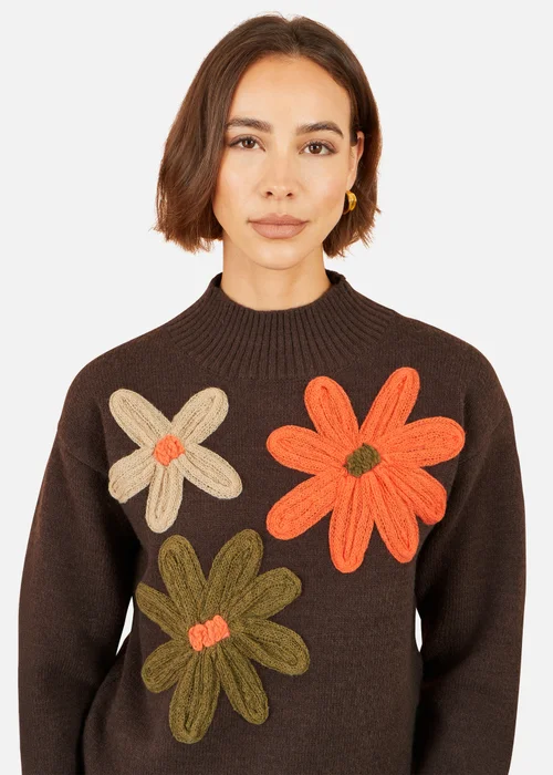 Yumi Brown Knitted High Neck Jumper With Applique Flowers - S Image 3