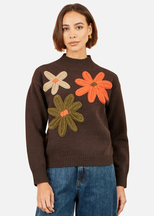Yumi Brown Knitted High Neck Jumper With Applique Flowers - S Image 1